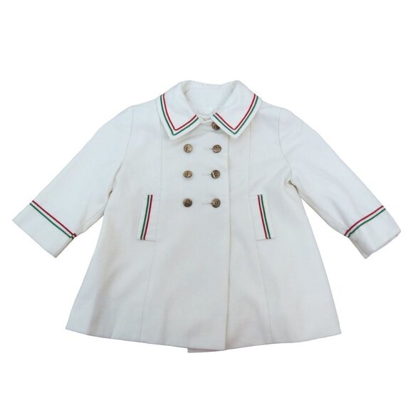 VINTAGE Kid's White Wool Pea Coat with Red Green Stripe A Rainbow Coat
